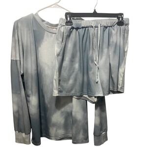 Exclusive Lounge Set Women XL Gray Tie Dye GUC Long Sleeve Top Shorts Pockets